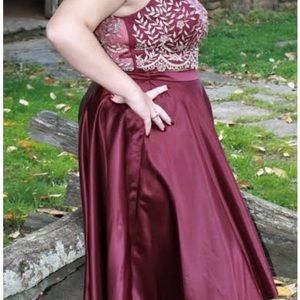 Prom dress- a beautiful burgundy with gold trim. And sequins.